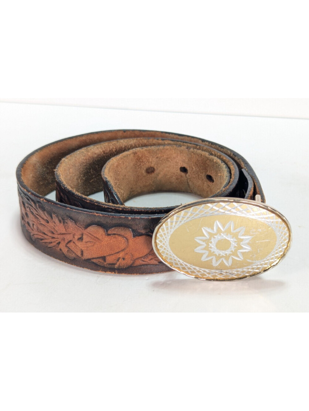 VTG Tooled Leather Western Belt Hearts Butterfly 30" USA Carved Sunburst Buckle